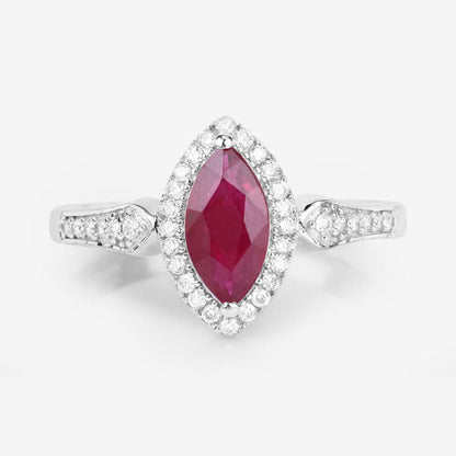 Anillo de oro blanco de 14K con rubí genuino de 0.96 quilates y diamantes blancos