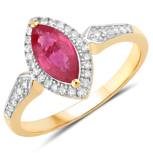 Anillo de oro amarillo de 14K con rubí auténtico de 0,96 quilates y diamantes blancos