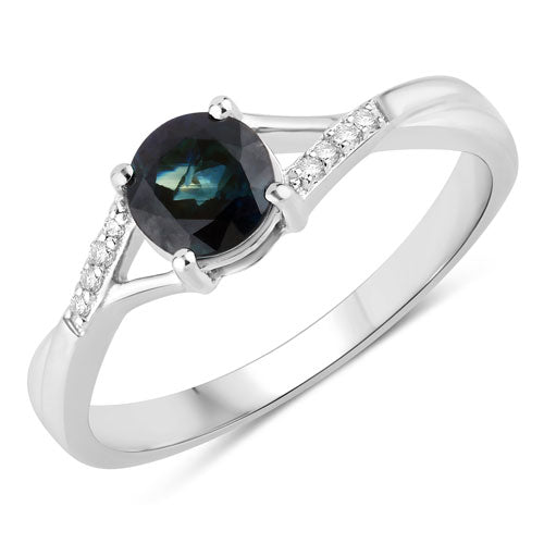 Anillo de oro blanco de 14 quilates con zafiro azul genuino de 0,88 quilates y diamantes blancos