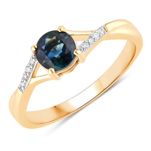 Anillo de oro amarillo de 14K con zafiro azul auténtico de 0,88 quilates y diamantes blancos