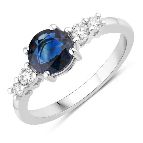 Anillo de oro blanco de 14K con zafiro azul genuino de 1.38 quilates y diamantes blancos