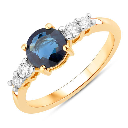 Anillo de oro amarillo de 14 quilates con zafiro azul auténtico de 1,38 quilates y diamantes blancos