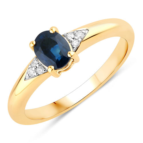 Anillo de oro amarillo de 14K con zafiro azul genuino de 0.84 quilates y diamante blanco