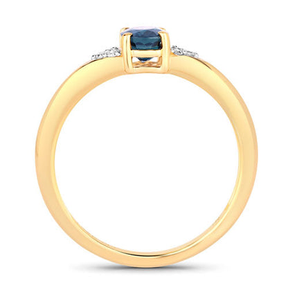 Anillo de oro amarillo de 14K con zafiro azul genuino de 0.84 quilates y diamante blanco