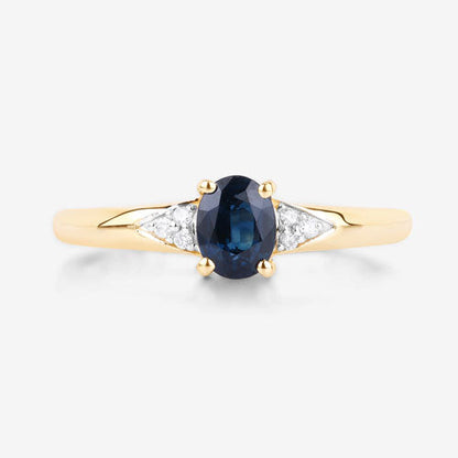 Anillo de oro amarillo de 14K con zafiro azul genuino de 0.84 quilates y diamante blanco
