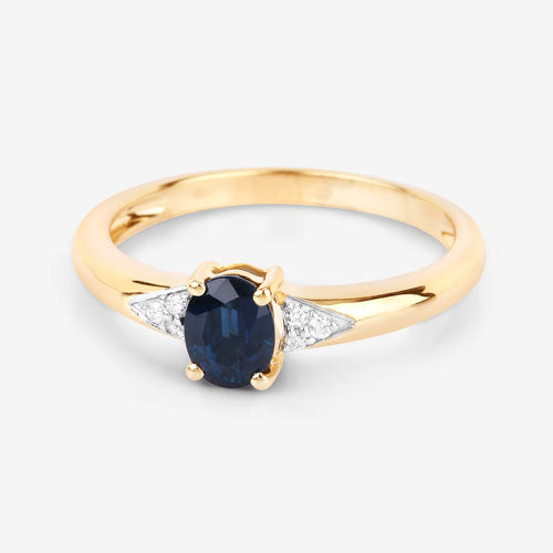 Anillo de oro amarillo de 14K con zafiro azul genuino de 0.84 quilates y diamante blanco