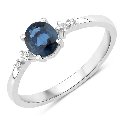 Anillo de oro blanco de 14K con zafiro azul genuino de 0,84 quilates y diamante blanco