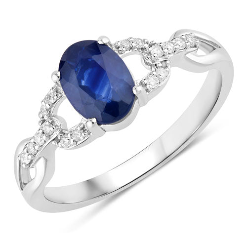 Anillo de zafiro azul auténtico y diamantes blancos de 1,12 quilates de oro blanco de 14 quilates