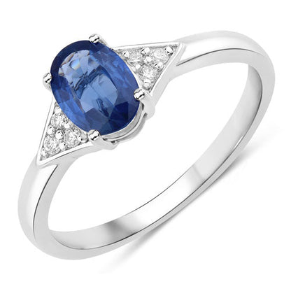 Anillo de oro blanco de 14K con zafiro azul genuino de 1.01 quilates y diamantes blancos