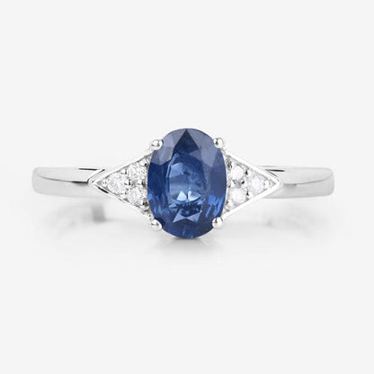 Anillo de oro blanco de 14K con zafiro azul genuino de 1.01 quilates y diamantes blancos