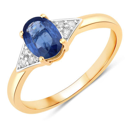 Anillo de oro amarillo de 14 quilates con zafiro azul genuino de 1,01 quilates y diamantes blancos