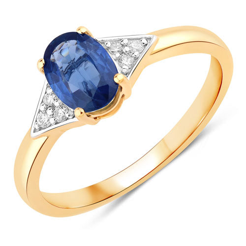 Anillo de oro amarillo de 14 quilates con zafiro azul genuino de 1,01 quilates y diamantes blancos