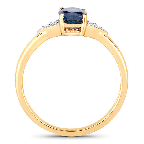 Anillo de oro amarillo de 14 quilates con zafiro azul genuino de 1,01 quilates y diamantes blancos