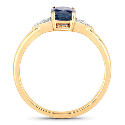 Anillo de oro amarillo de 14 quilates con zafiro azul genuino de 1,01 quilates y diamantes blancos