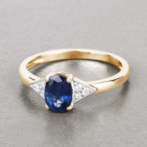 Anillo de oro amarillo de 14 quilates con zafiro azul genuino de 1,01 quilates y diamantes blancos