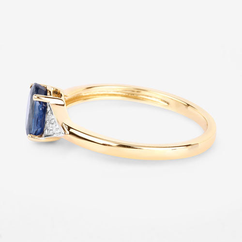 Anillo de oro amarillo de 14 quilates con zafiro azul genuino de 1,01 quilates y diamantes blancos