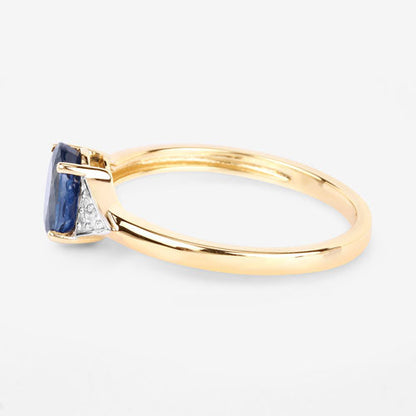 Anillo de oro amarillo de 14 quilates con zafiro azul genuino de 1,01 quilates y diamantes blancos