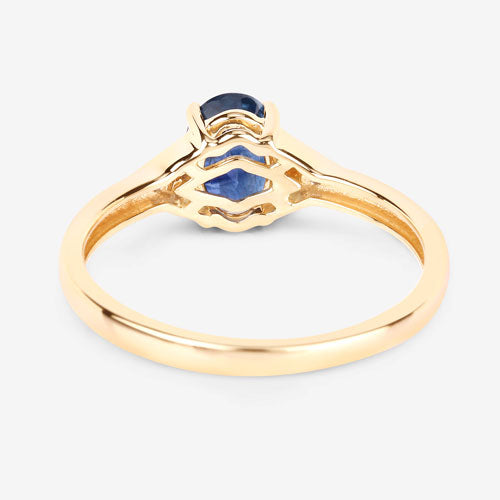 Anillo de oro amarillo de 14 quilates con zafiro azul genuino de 1,01 quilates y diamantes blancos