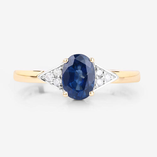 Anillo de oro amarillo de 14 quilates con zafiro azul genuino de 1,01 quilates y diamantes blancos