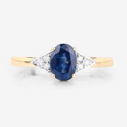 Anillo de oro amarillo de 14 quilates con zafiro azul genuino de 1,01 quilates y diamantes blancos