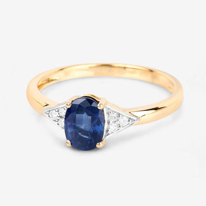 Anillo de oro amarillo de 14 quilates con zafiro azul genuino de 1,01 quilates y diamantes blancos