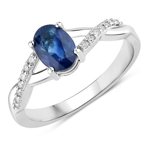 Anillo de oro blanco de 14K con zafiro azul genuino de 1.04 quilates y diamantes blancos