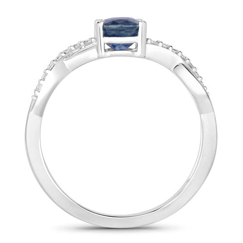 Anillo de oro blanco de 14K con zafiro azul genuino de 1.04 quilates y diamantes blancos