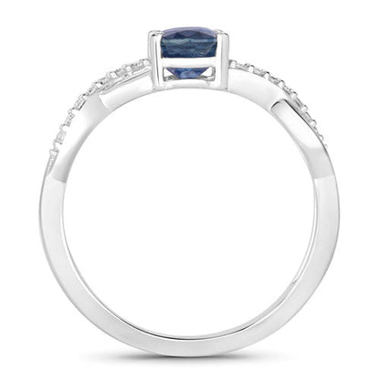 Anillo de oro blanco de 14K con zafiro azul genuino de 1.04 quilates y diamantes blancos