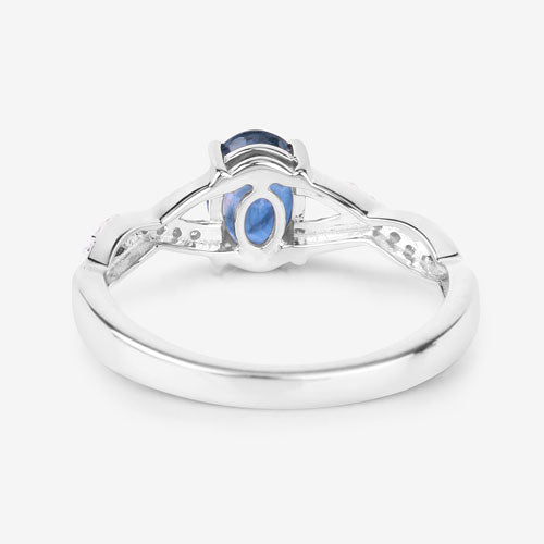Anillo de oro blanco de 14K con zafiro azul genuino de 1.04 quilates y diamantes blancos