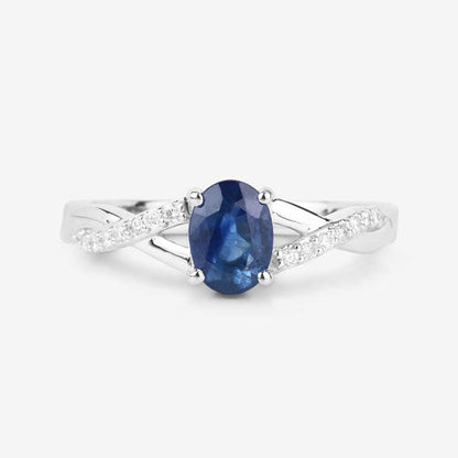 Anillo de oro blanco de 14K con zafiro azul genuino de 1.04 quilates y diamantes blancos