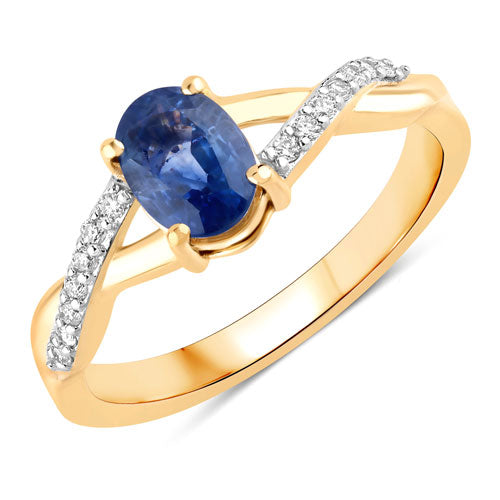 Anillo de zafiro azul genuino de 1.04 quilates y diamantes blancos en oro amarillo de 14 quilates