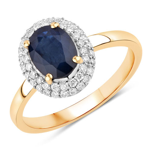 Anillo de oro amarillo de 14 quilates con zafiro azul genuino de 1,84 quilates y diamantes blancos