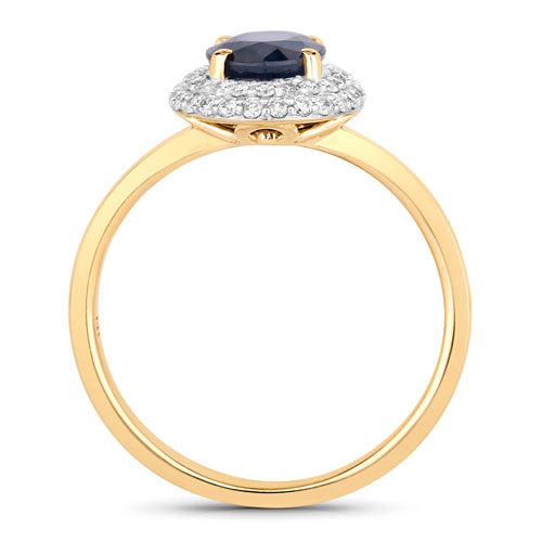 Anillo de oro amarillo de 14 quilates con zafiro azul genuino de 1,84 quilates y diamantes blancos