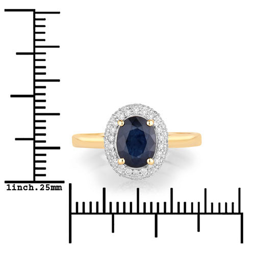 Anillo de oro amarillo de 14 quilates con zafiro azul genuino de 1,84 quilates y diamantes blancos