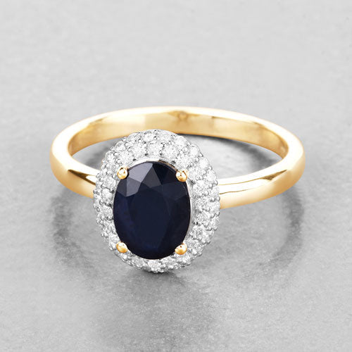 Anillo de oro amarillo de 14 quilates con zafiro azul genuino de 1,84 quilates y diamantes blancos