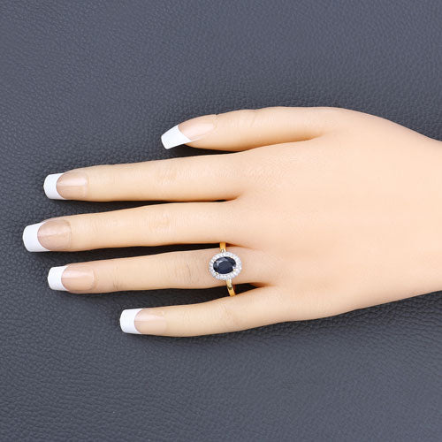 Anillo de oro amarillo de 14 quilates con zafiro azul genuino de 1,84 quilates y diamantes blancos