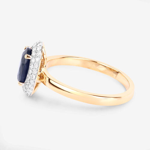 Anillo de oro amarillo de 14 quilates con zafiro azul genuino de 1,84 quilates y diamantes blancos
