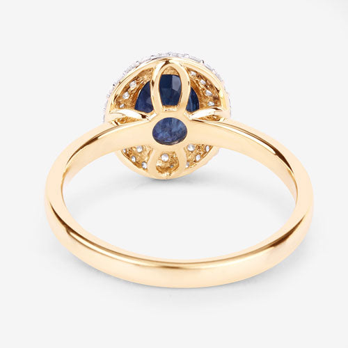 Anillo de oro amarillo de 14 quilates con zafiro azul genuino de 1,84 quilates y diamantes blancos