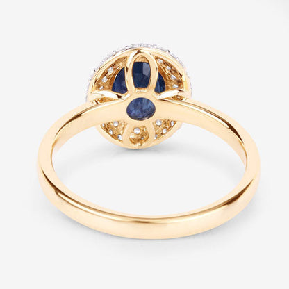 Anillo de oro amarillo de 14 quilates con zafiro azul genuino de 1,84 quilates y diamantes blancos