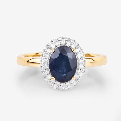 Anillo de oro amarillo de 14 quilates con zafiro azul genuino de 1,84 quilates y diamantes blancos