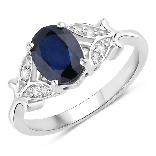 Anillo de oro blanco de 14K con zafiro azul auténtico de 1.62 quilates y diamantes blancos