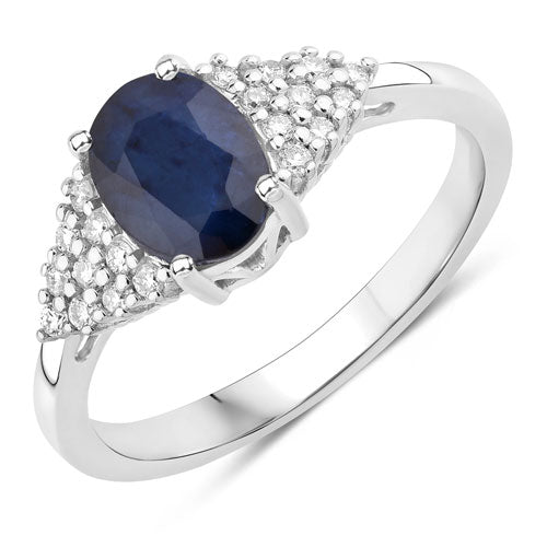 Anillo de zafiro azul genuino de 1.73 quilates y diamantes blancos en oro blanco de 14 quilates