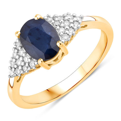 Anillo de oro amarillo de 14K con zafiro azul genuino de 1.73 quilates y diamantes blancos