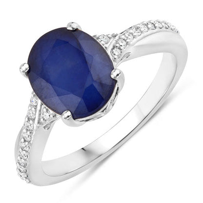 Anillo de zafiro azul auténtico de 3.28 quilates y diamantes blancos en oro blanco de 14 quilates