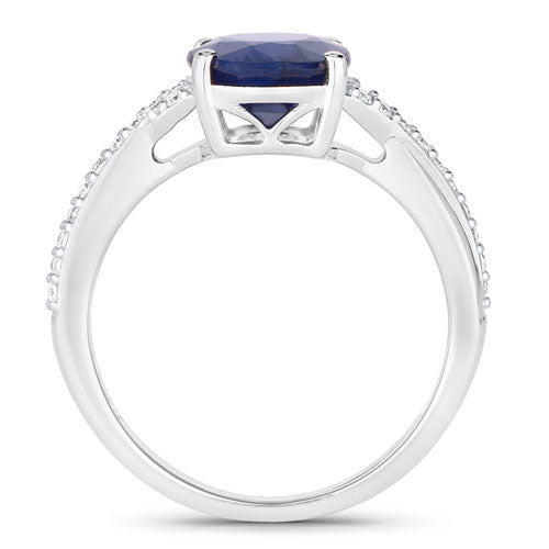 Anillo de zafiro azul auténtico de 3.28 quilates y diamantes blancos en oro blanco de 14 quilates