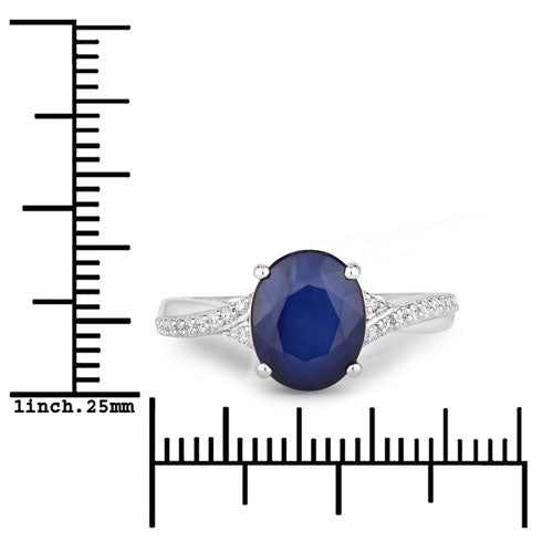 Anillo de zafiro azul auténtico de 3.28 quilates y diamantes blancos en oro blanco de 14 quilates