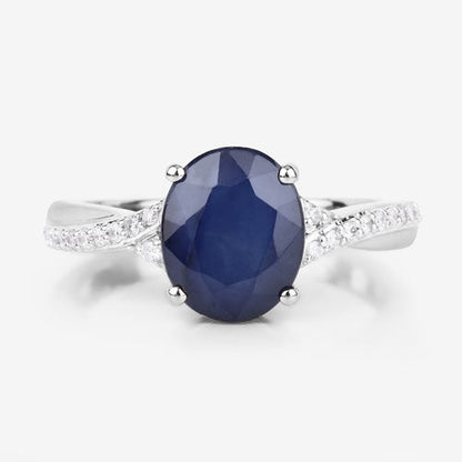 Anillo de zafiro azul auténtico de 3.28 quilates y diamantes blancos en oro blanco de 14 quilates