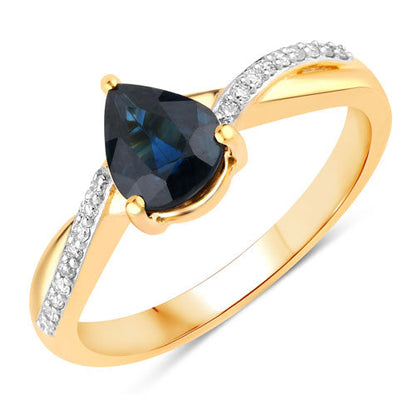 Anillo de oro amarillo de 14K con zafiro azul auténtico de 1.17 quilates y diamantes blancos