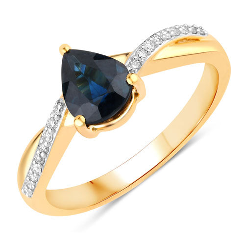 Anillo de oro amarillo de 14K con zafiro azul auténtico de 1.17 quilates y diamantes blancos