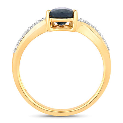 Anillo de oro amarillo de 14K con zafiro azul auténtico de 1.17 quilates y diamantes blancos